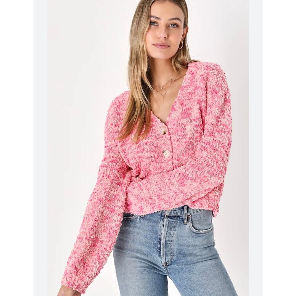 Lulus Small Adorable Affection Cropped Cardigan Pink Cozy Balloon Sleeves